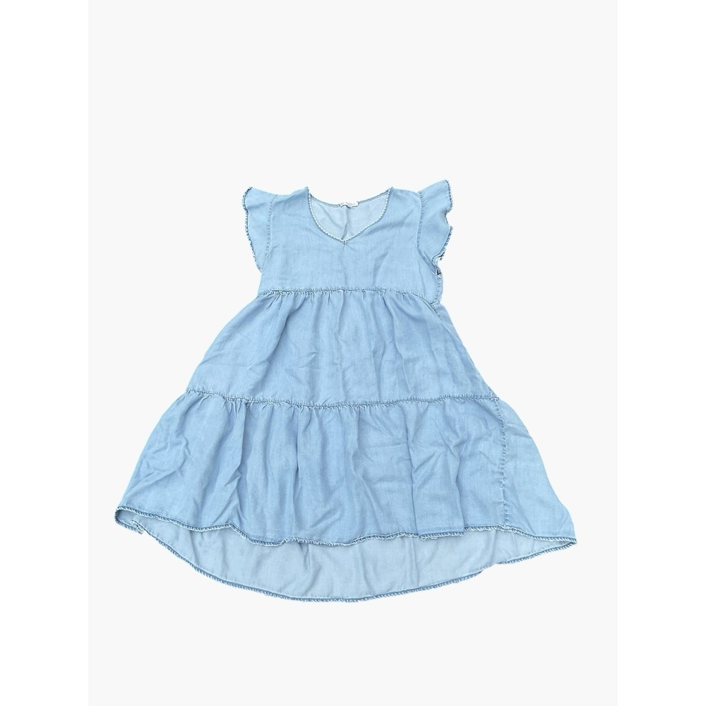 Veveret Blue Solid Denim Shift Dress Button Ruffle Distressed Pockets Small